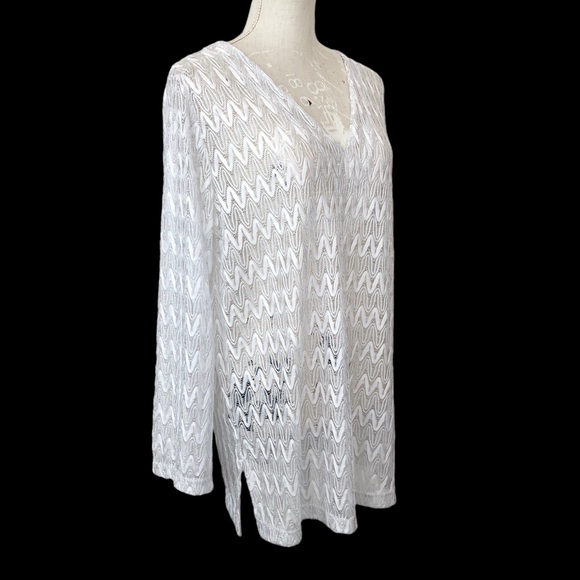 White Metallic Lace Zig Zag Chevron Pattern Sheer Swimsuit Tunic Coverup L - Picture 1 of 7